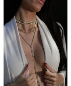 Ασημί κολιέ choker με στρας, πολλαπλές σειρές και μακριά κρεμαστή αλυσίδα