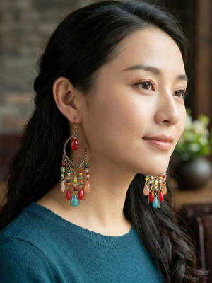 Bohemia Style Colorful Long Beaded Waterdrop Dangle Earring - Κόκκινο