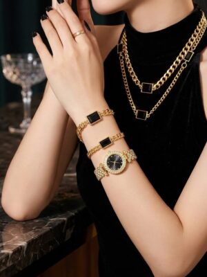 Σετ 5 Τεμαχίων Πολυτελές Ρολόι Με Ριγέ Λίθο