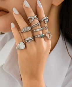 Σετ 10 Κομψών Silver Γεωμετρικών Ρυθμιζόμενων Δαχτυλιδιών