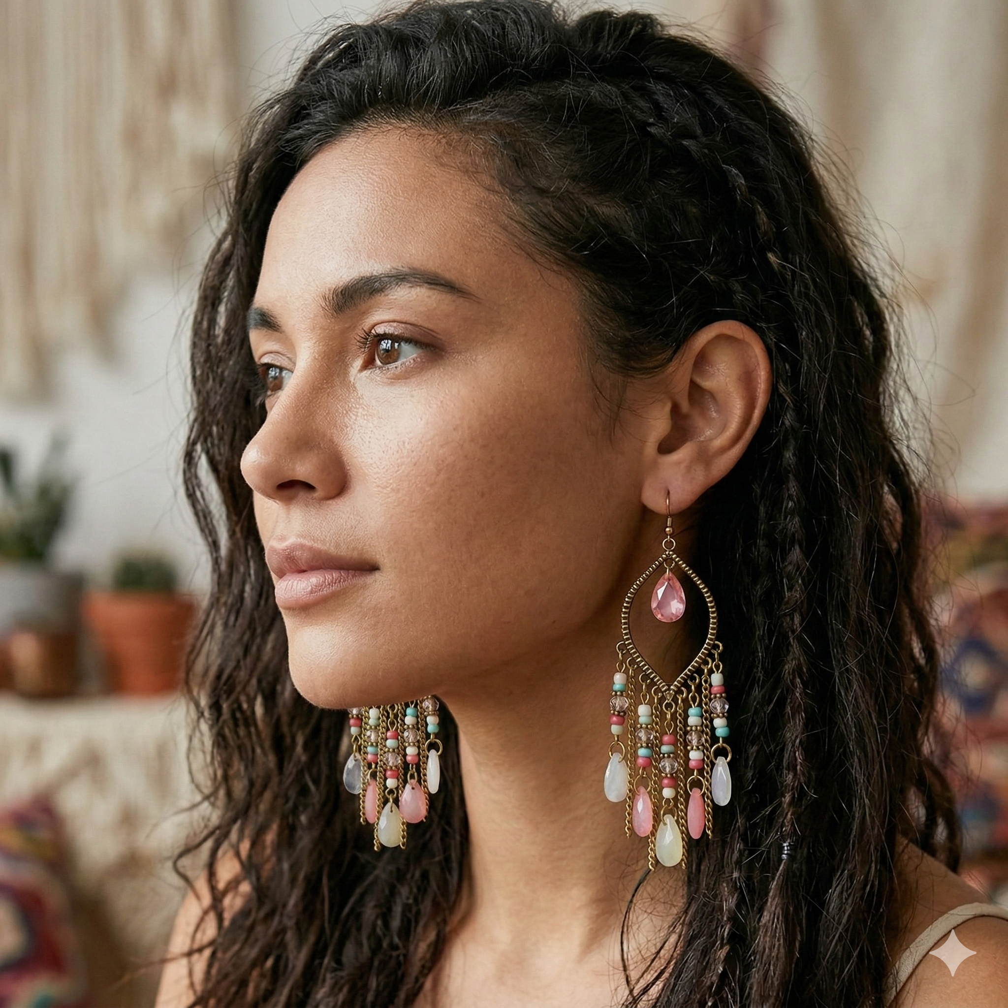 Bohemia Style Colorful Long Beaded Waterdrop Dangle Earring - Άσπρο