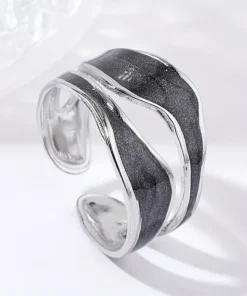 Κομψό δαχτυλίδι Silver Black μανσέτας Από Ανοξείδωτο ατσάλι