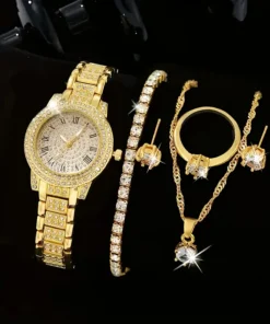 1τμχ Γυναικείο Ρολόι με Στρογγυλή Καντράν Κουαρτζ +Σετ Κοσμημάτων 5τμχ