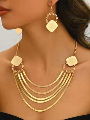 σετ κολιέεπίπεδο φίδι αλυσίδα γεωμετρικά τετράγωνα σκουλαρίκια,