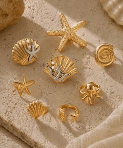 Alternative view of Σετ Γυναικείων Δαχτυλιδιών Ocean Starfish Gold 7 Τεμαχίων
