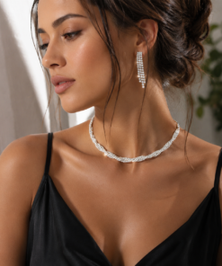 Σετ Κολιέ & Μακριά Σκουλαρίκια Silver Glam Με Στρας