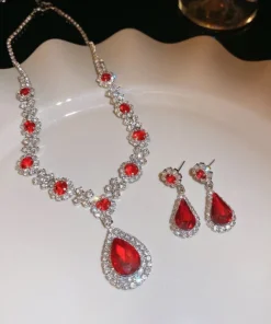 Alternative view of Luxury Red Crystal Necklace Set Με Tear Drop Pendant