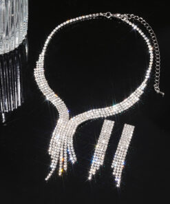 Alternative view of Ασημί Σετ Choker και Μακριά Σκουλαρίκια με Κρεμαστά Στρας