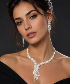 Ασημί Σετ Choker και Μακριά Σκουλαρίκια με Κρεμαστά Στρας