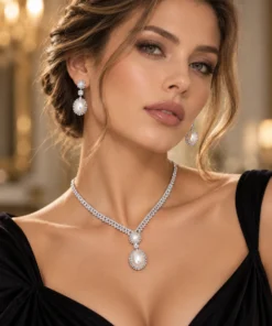 Ασημί σετ κοσμημάτων με κολιέ και κρεμαστά σκουλαρίκια με λευκές πέρλες